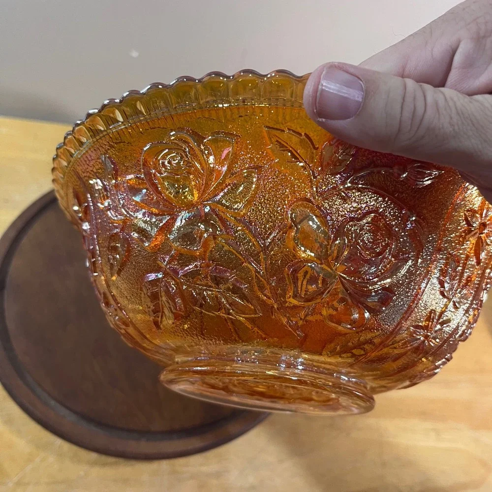 Vtg Imperial Glass Marigold Carnival Rose Floral Pattern Scalloped Edge 10
